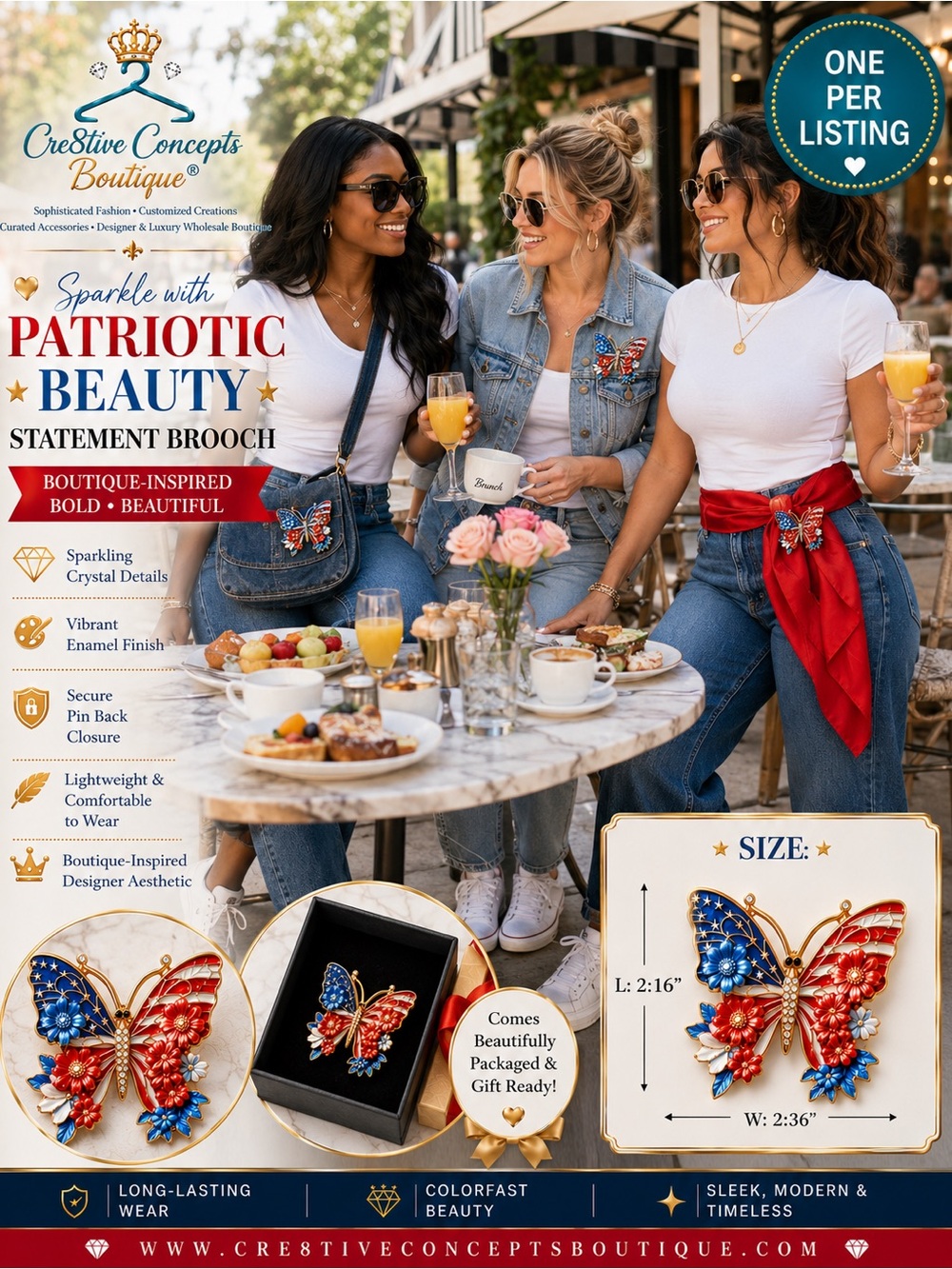 Patriotic Red White & Blue Crystal Butterfly Statement Brooch-ONE